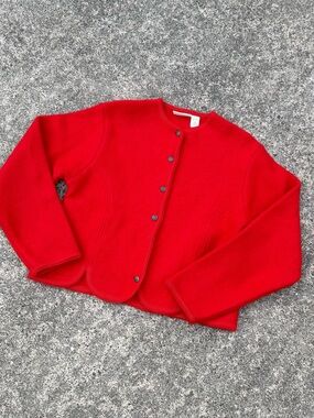 Vintage Nell Flowers Red Women's Button-Front Knit boiled wool Sweater Jacket